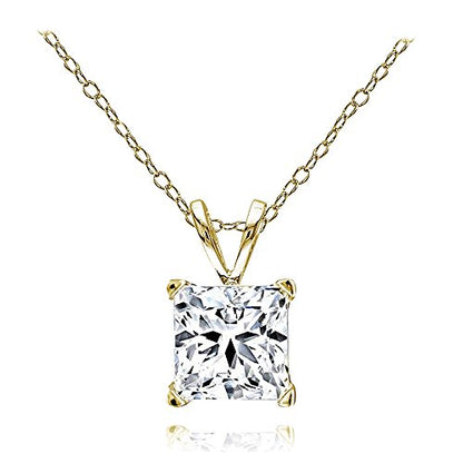 B. BRILLIANT Sterling Silver AAA Cubic Zirconia Princess-cut 7mm CZ Solitaire Necklace for Women Bridesmaids - color: Yellow Gold Plated