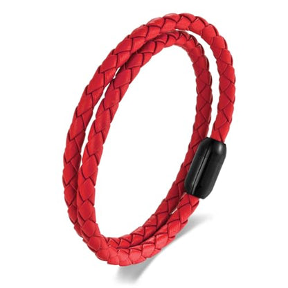 Braided Leather Bracelet，Double Wrap Bracelet with Black Stainless Steel Clasp, Two- way of Wearing as Mens Bracelet or Womens Choker Necklace, Urban and Minimalist Style - color: Red