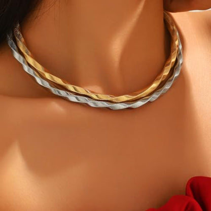 Chunky Gold Collar Choker Statement Necklace for Women Trendy | Gold Plated Layered Twist Flat Thick Snake Herringbone Chain African Torque Necklace Prom Boho Necklaces Party Jewelry Gift - style: Twist Link Chain/Gold
