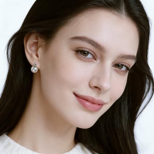 Faux Pearl Cubic Zirconia Stud Earrings, Hypoallergenic Lightweight Round Pearl Studs for Women - color: Pinkish White, size: Pearl 10mm-CZ 3mm