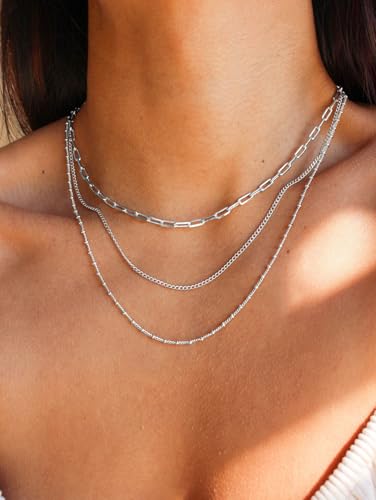 CONRAN KREMIX Waterproof Gold Necklace Layered Necklaces for Women Non Tarnish,14k Gold Plated Stainless Steel Dainty Stack Thin Chain Necklace Set for Women Gifts Jewelry - color: Silver-07