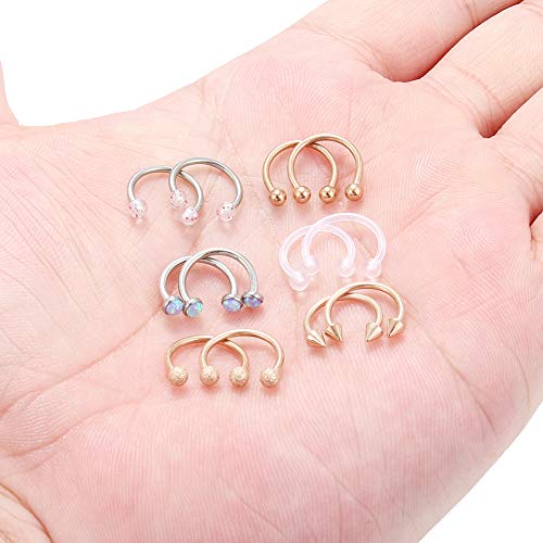 SCERRING 6 Pairs 16G Stainless Steel Horseshoe Septum Ring Nose Rings Hoop Helix Daith Cartilage Tragus Earrings Lip Body Piercing Jewelry Opal 8mm 10mm - color: 10mm - Rose Gold