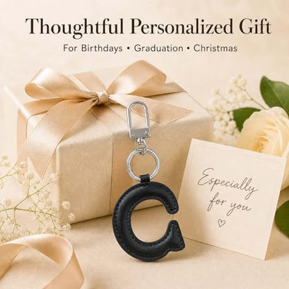 Initial Letter Keychain,Stainless Steel,Colorful Faux Leather Keyring for Backpack,Purse,Car Keys,Gift for Men Women - color: C
