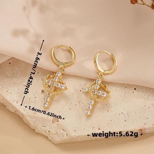 Gold Crown Cross Hoop Earrings and Pendant Necklace Set for Women, 14K Gold Plated Brass, Cubic Zirconia Huggie dangle Earring Jewelry, Trendy Dainty Christian Jewelry Gift