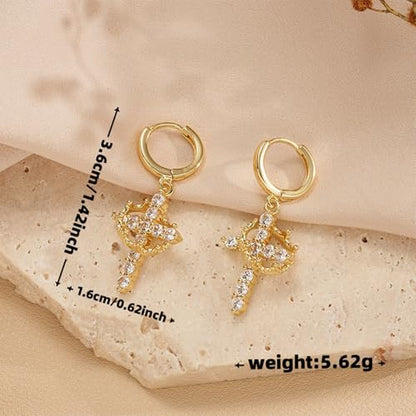 Gold Crown Cross Hoop Earrings and Pendant Necklace Set for Women, 14K Gold Plated Brass, Cubic Zirconia Huggie dangle Earring Jewelry, Trendy Dainty Christian Jewelry Gift