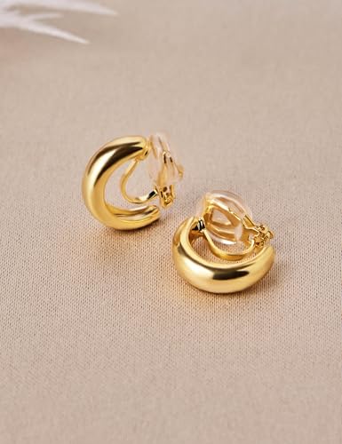 FAN&LOUIS Gold Silver Clip On Hoop Earrings,14K Gold Plated Chunky Gold Small Huggie Hoops Clip-On Earrings for Women│Small Wide Round Hoop Clip On Earrings - style: Gold