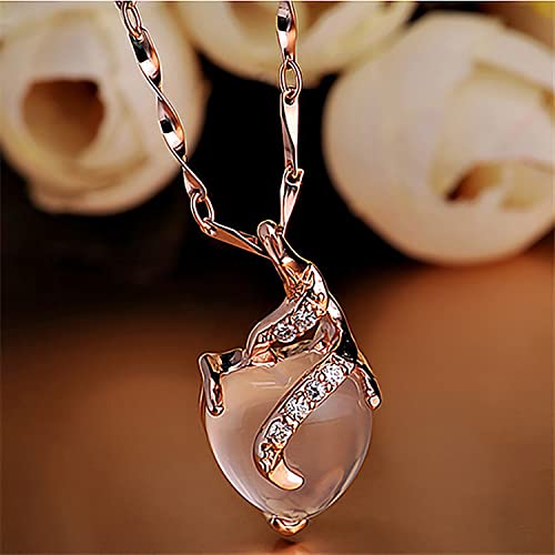 Heart shaped pendant necklace for women's gift - Rose gold heart shaped pink crystal cat eye Quartz Stone pendant romantic birthday anniversary wedding gift (Rose gold)