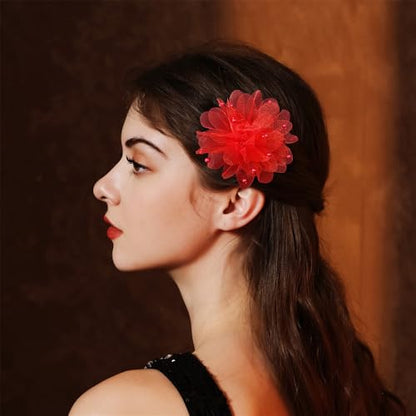 13cm/5in Beaded Mesh Flower Brooch Pin for Women Girls Dainty Round Shell Pearl Ball Beads Camellia Peony Flowers Brooches Lapel Hair Pins Elegant Wedding Anniversary Accessories Jewelry - color: Red