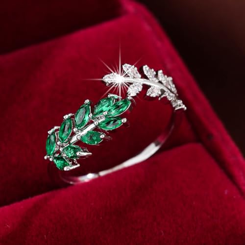 Adjustable Open Leaf & Vine Ring with Gemstone & Diamond | Cuff Deco Ring for Women Men | Adjustable Cuff Vine Leaf Deco Rings - color: Silver Green