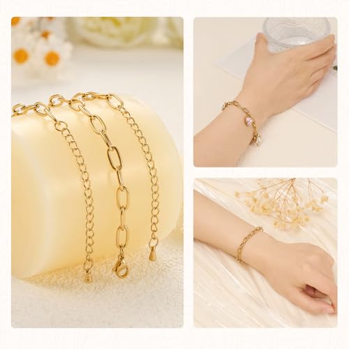 KYUNHOO 10pcs 6.7 Inches Gold Plated Paperclip Chain for Bracelet Making | Stainless Steel Jewelry Supplies for Bracelet DIY with Lobster Clasps and Chain Extension - color: round paperclip gold