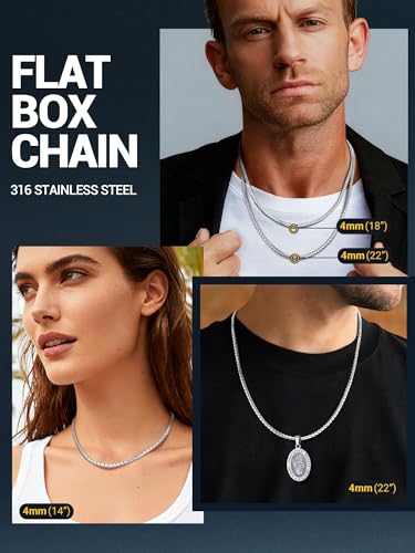 PROSTEEL Stainless Steel Flat Box Link Chain Necklace for Men | Silver/Black/18K Gold Plated,2/3/4/5/6/7/8mm Width Chain with Strong Lobster Clasp/Waterproof Men Women Jewelry with Gift Box - size: 24 inch(61cm), style: 4mm-Elegant Silver