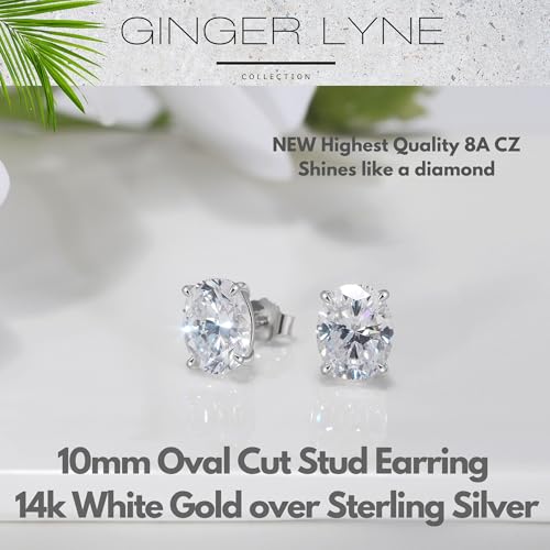 Ginger Lyne 5Ct Oval Cubic Zirconia Stud Earrings 10mm for Women | Sterling Silver Earrings 10mm Oval Cubic Zirconia Stone 14K Gold Plated and White Gold Plated Options, Push Back Stud Setting - color: Silver