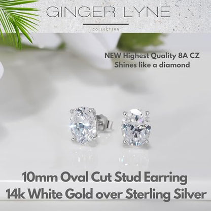 Ginger Lyne 5Ct Oval Cubic Zirconia Stud Earrings 10mm for Women | Sterling Silver Earrings 10mm Oval Cubic Zirconia Stone 14K Gold Plated and White Gold Plated Options, Push Back Stud Setting - color: Silver