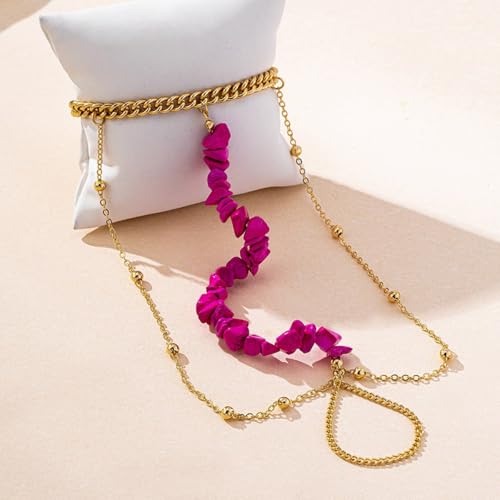Pink Stone Barefoot Sandal Anklet for Women Round Ball Beaded Link Chain Anklet with Toe Ring Adjustable Summer Beach Fashion Foot Jewelry
