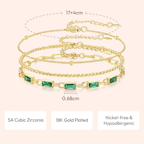 Gold Birthstone Bracelet for Women, 18K Gold Plated Layered Jewelry Bracelet Set, Womens Dainty Stackable Bracelets Link Paperclip Chain Valentines Day Gift for Wife Her - color: Gold-05-May