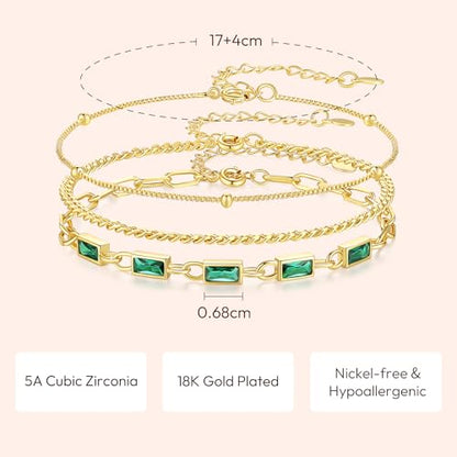 Gold Birthstone Bracelet for Women, 18K Gold Plated Layered Jewelry Bracelet Set, Womens Dainty Stackable Bracelets Link Paperclip Chain Valentines Day Gift for Wife Her - color: Gold-05-May