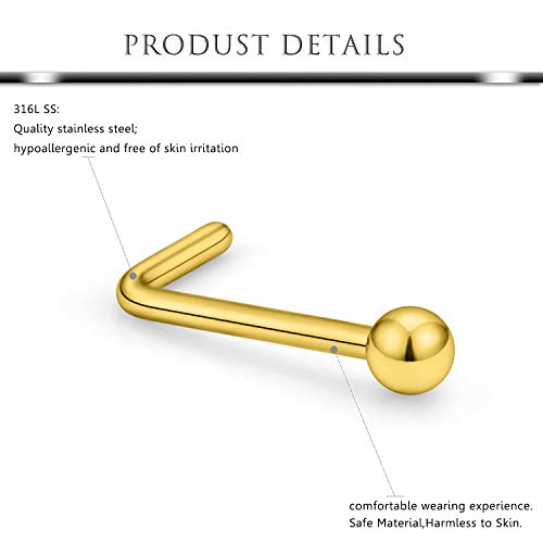 Hoeudjo Nose Studs Surgical Steel Cubic Zirconia Nose Rings Kit for Women Men Tiny Nose Stud Screw & Bone & L Shaped Nostril Rings Piercing Jewelry 22 Gauge 16 Pieces - color: L-shaped nose ring, gold-tone