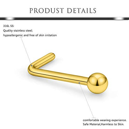 Hoeudjo Nose Studs Surgical Steel Cubic Zirconia Nose Rings Kit for Women Men Tiny Nose Stud Screw & Bone & L Shaped Nostril Rings Piercing Jewelry 22 Gauge 16 Pieces - color: L-shaped nose ring, gold-tone