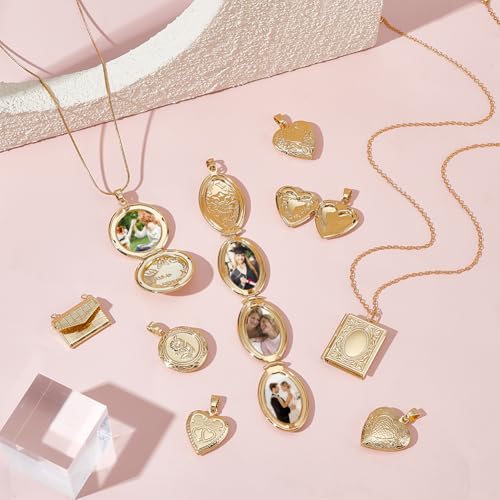 AHANDMAKER 9pcs 9 Styles 18K Gold Plated Locket Pendants Blanks Settings | Brass Photo Heart Frame Pendants, Oval/Flower/Bag/Book/Round Shape, Memory Locket Charms for Jewelry Making
