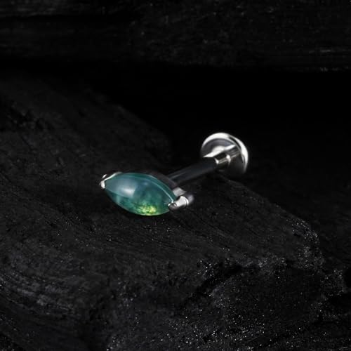 1PC ASTM F136 Titanium Piercing Jewelry for Tragus Conch Helix Flat Labret 18G 6mm 8mm, Cartilage Earring Flatback Stud - color: Moss Agate Marquise - Tit
