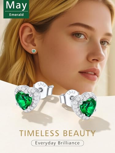 FindChic Birthstone Earrings for Women, Round/Heart/Square/Teardrop Earrings with 925 Sterling Silver Posts & Push Backs, Hypoallergenic Studs with Cubic Zirconia, 12 Months Jewelry with Gift Box - style: 05. May-Emerald (Heart-Silver)