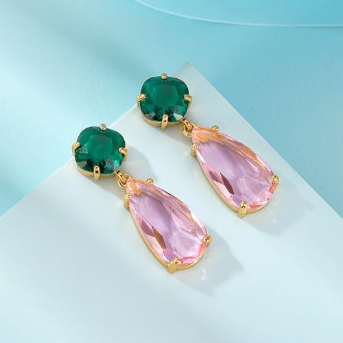 Crystal Earrings CXUEMH Teardrop Earrings for Women Blue and Green Dangle Earrings Elegant Earrings for Prom Emerald Green Earrings Formal Jewelry Crystal Drop Earrings - color: green and pink
