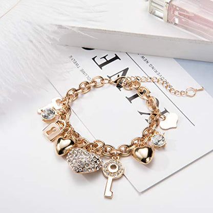 SILANER Gold Chain Link Bracelet - 7"+ 2" Extender 14K Gold Plated Love Locked Bracelets for Women, with Crystal, Love Heart,Key, Lock, Charm Bracelet - color: Love Locked Gold Charm
