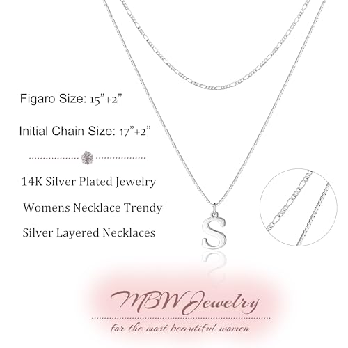 MBW Dainty Silver Layered Initial A-Z Pendant Necklaces for Women Thin | Simple Waterproof 925 Silver Plated Necklace Figaro Choker Monogram Name Jewelry Set Personalized - color: Silver InitIal NK-S