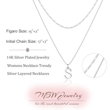 MBW Dainty Silver Layered Initial A-Z Pendant Necklaces for Women Thin | Simple Waterproof 925 Silver Plated Necklace Figaro Choker Monogram Name Jewelry Set Personalized - color: Silver InitIal NK-S