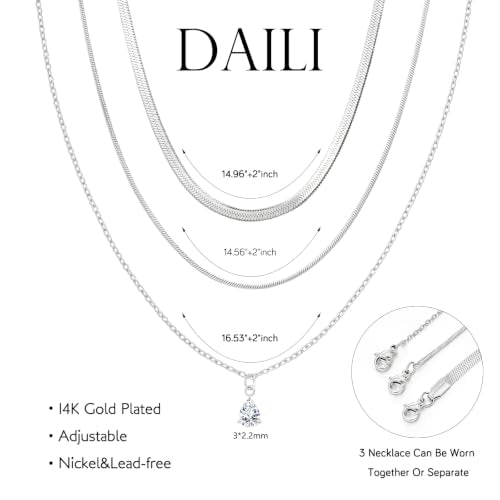 Layered Necklaces for Women,14k Gold Plated Dainty Necklace Stack Set Non Tarnish Adjustable Silver Stainless Steel CZ Heart Circle Pendant Paperclip Choker Herringbone Snake Chain Jewelry - style: CZ Layered Necklace-Silver