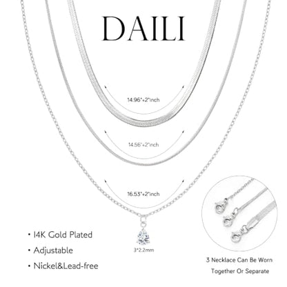 Layered Necklaces for Women,14k Gold Plated Dainty Necklace Stack Set Non Tarnish Adjustable Silver Stainless Steel CZ Heart Circle Pendant Paperclip Choker Herringbone Snake Chain Jewelry - style: CZ Layered Necklace-Silver