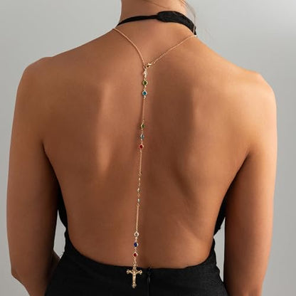 Back Body Chain for Women Boho Pearl Cross Flower Back Drop Necklace Adjustable Y-Shaped Lariat Back Jewelry - color: colorful