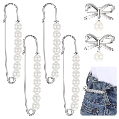 Pearl Safety Pins Silver Faux Pearl Brooch Pins Decorative Safety Pin 3 Inch Bowknot Brooch Pin Waist Tightening Clips for Clothes Pants Dresses Sweaters Hats Scarves Wedding