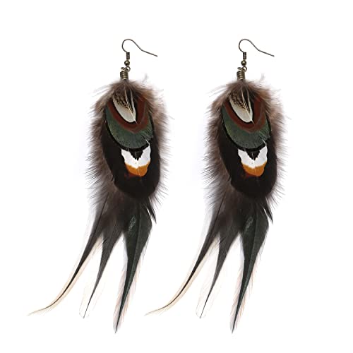 Bohemian Long Feather Earrings for Women Handmade Natural Dangle Tassel Jewelry - color: Style A