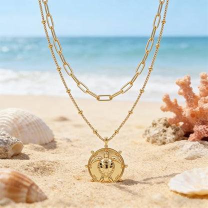MEVECCO Dainty Pendant Layered Necklaces for Women | 18K Gold Plated Brass, 2-Piece Set With A Choker-Length Upper Layer, Wear Together Or Separately, Refined Everyday Style - style: Layer Turtle