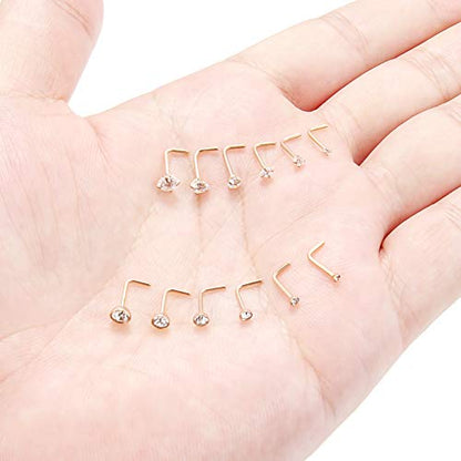 20G 1.5mm 2mm 2.5mm 3mm 3.5mm 4mm Opal Clear Diamond CZ Nose L Shaped Studs Rings Piercing Jewelry 4-20PCS - color: 12PCS - Rose Gold