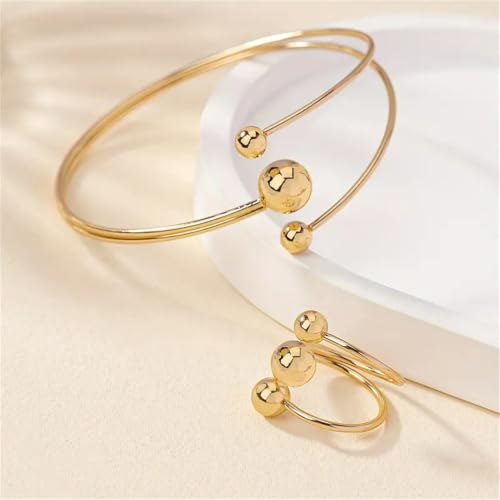 Minimalist Round Ball Bracelet Rings Set for Women Gold-Tone Trendy Simple Open Adjustable Statement Wrap Finger Ring Comfort Fit Fashion Geometric Cuff Stretch Bangle Unique Charm Jewelry
