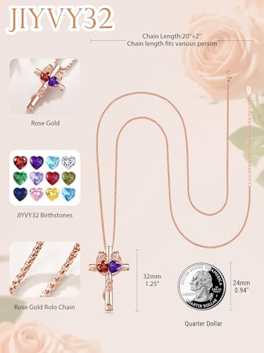 Rose Gold Cross Necklace with 2 Birthstones and Rose | Cross with Birthstone Necklace, Hypoallergenic, Adjustable Rolo Chain, Birthday Gifts, Catholic Christian Religious Jewelry - color: 01-02-Jan-Feb Birthstone