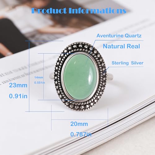 Natural Oval Stone Boho Ring,Retro Antique S925 Sterling Silver Crystal Quartz Gemstone Bohemian Statement Handmade Ring Jewelry for Women Her - color: B04_Aventurine