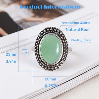 Natural Oval Stone Boho Ring,Retro Antique S925 Sterling Silver Crystal Quartz Gemstone Bohemian Statement Handmade Ring Jewelry for Women Her - color: B04_Aventurine