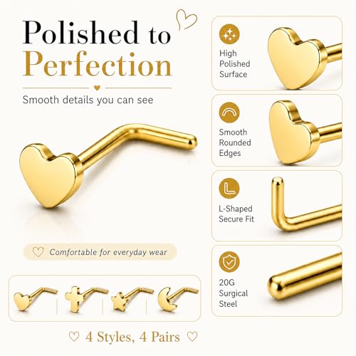 20G Nose Rings for Women, L Shaped Nostril Piercing Studs | 316L Stainless Steel, 0.8 mm×7 mm, 2 mm CZ or 3-4 mm Heart, Star, Moon and Cross, Gold-Tone or Silver-tone, Daily Wear - style: Gold Style B