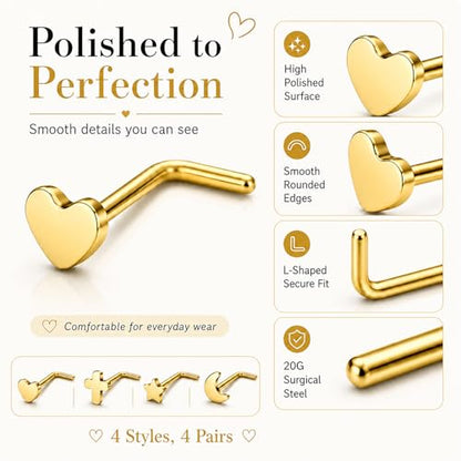 20G Nose Rings for Women, L Shaped Nostril Piercing Studs | 316L Stainless Steel, 0.8 mm×7 mm, 2 mm CZ or 3-4 mm Heart, Star, Moon and Cross, Gold-Tone or Silver-tone, Daily Wear - style: Gold Style B