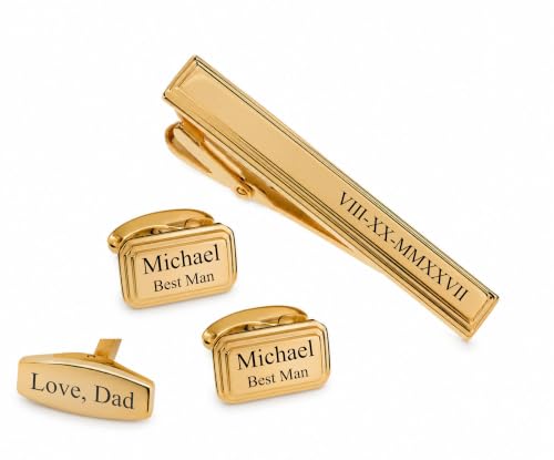Personalized Gold Beveled Edge Cufflinks & Tie Clip Set Monogram Custom Engraved Free - Men’s Formal Gift - Ships From USA