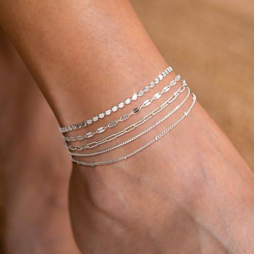 Dainty Ankle Bracelets for Women Waterproof | Layered Gold Plated Tennis Cuban Snake Rope Paperclip Beaded Link Chains Set, Summer Beach Jewelry Gift - color: Silver Anklet C