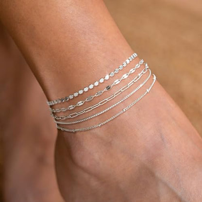 Dainty Ankle Bracelets for Women Waterproof | Layered Gold Plated Tennis Cuban Snake Rope Paperclip Beaded Link Chains Set, Summer Beach Jewelry Gift - color: Silver Anklet C
