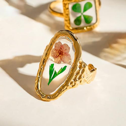 Hebelee Handmade Dried Flower Statement Ring for Women | Gold-Toned Stainless Steel,Adjustable,Pressed Blossom Forget-Me-Not Flowers Open Band Rings,Wedding Holiday Jewelry - color: Hammered Oval C