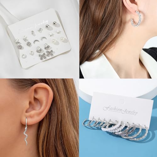 IFKM 24 Pairs Gold Hoop Earrings Set for Women Hypoallergenic Chunky Chain Twisted Open Hoops Dangle Earring Packs for Birthday Party Christmas Fashion Jewelry Gift - color: 26 Pairs Silver Cute