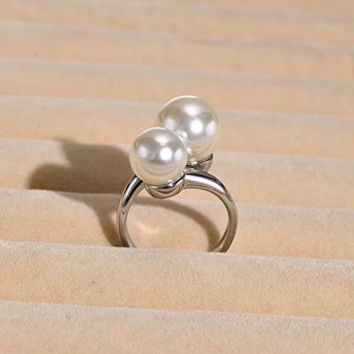 Hisatan Double Simulated Pearl Wrap Ring: gold plated Stainless Steel Large Statement Ring for Women - color: Silver-Size 6
