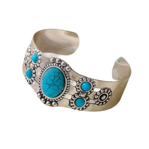 Bohemian Natural Stone Turquoise Engraved Cuff Bracelet Adjustable Wrap Bangle Western National Style for Women Gemstone Boho Jewelry - color: F