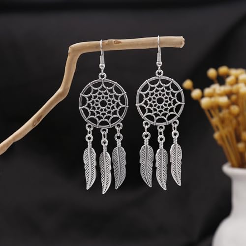 Blue Turquoise Dream Catcher Feather Earrings for Women Vintage Bohemian Western Jewelry - style: Silver Dream Catcher